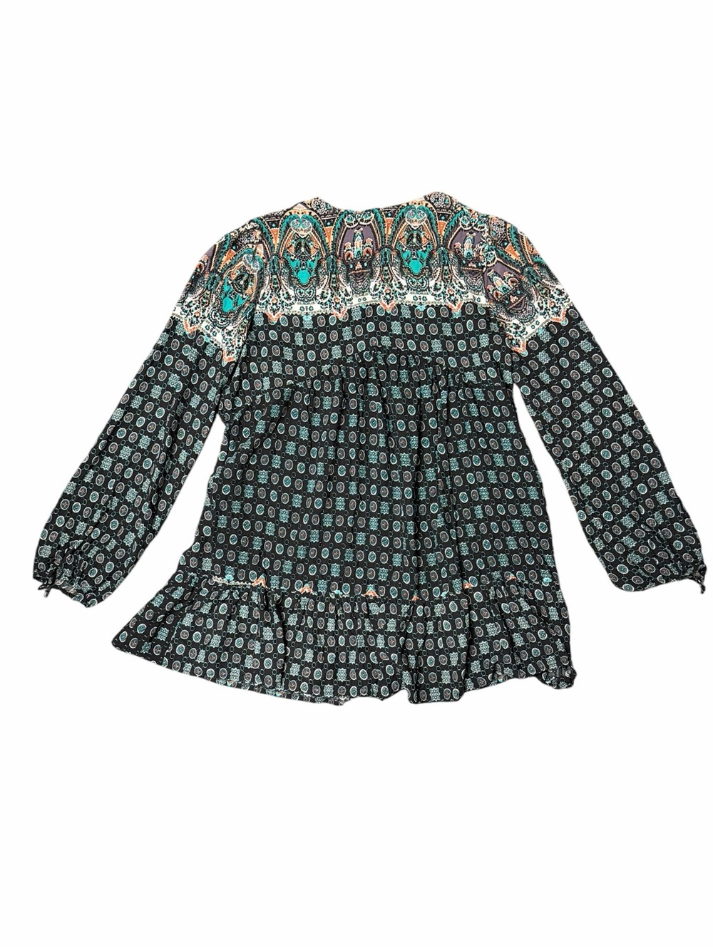 Umgee Boho Paisley Peasant Tunic Top Large Black Teal Ruffle Hem - Picture 5 of 9